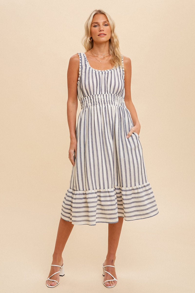 Stripe Gauze Shirring Midi Dress – WaskaVillage