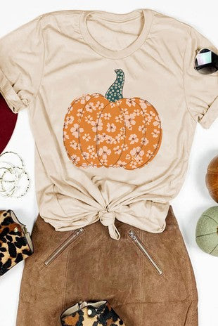 Khaki Sweet Floral Pumpkin Graphic Tee