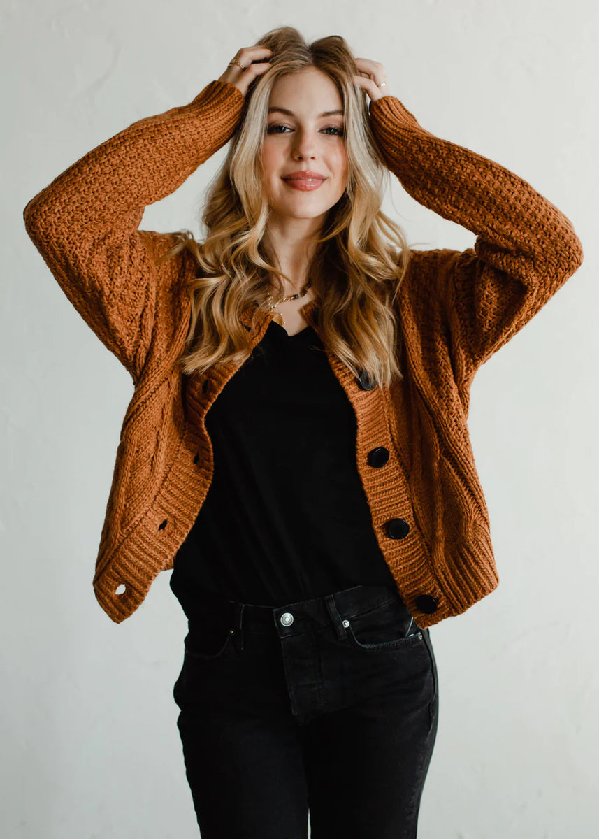 The Bailey Camel Cable Knit Cropped Cardigan Sweater – Cason Couture