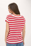 STRIPE V NECK CROCHET KNIT SHORT SLEEVE SWEATER