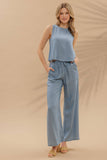 DRAWSTRING WAIST WIDE LEG CHAMBRAY PANTS