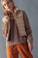 STRIPE QUILTED STAND COLLAR PADDED VEST JACKET
