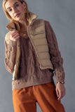 STRIPE QUILTED STAND COLLAR PADDED VEST JACKET