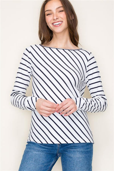 Boat Neck Long Sleeve Striped Top