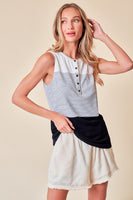 Ribbed Henley Tank with Stripe Contrast