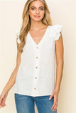 V Neck Double Ruffle Solid Linen Top