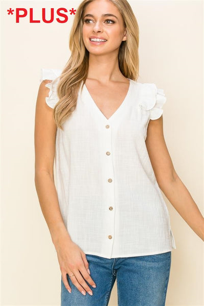 V Neck Double Ruffle Solid Linen Top