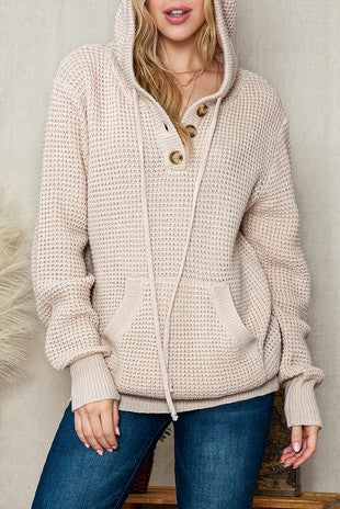 Waffle Knit Buttons Hooded Sweater with Pocket