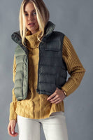 STRIPE QUILTED STAND COLLAR PADDED VEST JACKET