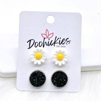 12mm Daisies & Black in Stainless Steel Settings -Earrings
