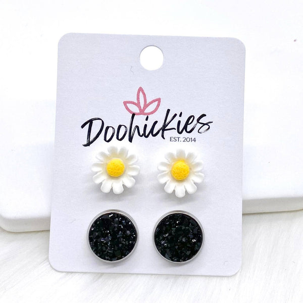 12mm Daisies & Black in Stainless Steel Settings -Earrings