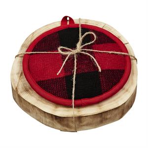 Wood Trivet and Check Pot Holder Set