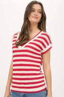 STRIPE V NECK CROCHET KNIT SHORT SLEEVE SWEATER