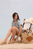 STRIPE CHAMBRAY COLLARED CUFF SLEEVE MINI DRESS