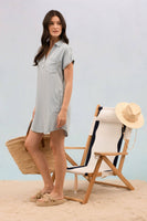 STRIPE CHAMBRAY COLLARED CUFF SLEEVE MINI DRESS