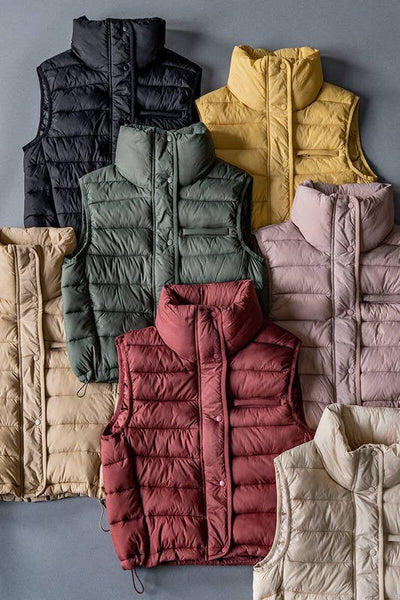 STRIPE QUILTED STAND COLLAR PADDED VEST JACKET
