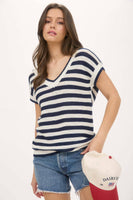 STRIPE V NECK CROCHET KNIT SHORT SLEEVE SWEATER