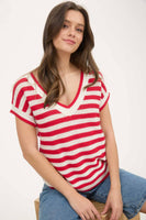 STRIPE V NECK CROCHET KNIT SHORT SLEEVE SWEATER