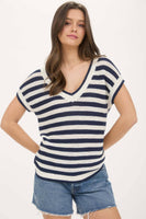 STRIPE V NECK CROCHET KNIT SHORT SLEEVE SWEATER
