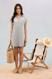 STRIPE CHAMBRAY COLLARED CUFF SLEEVE MINI DRESS