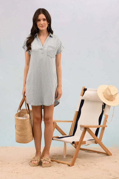 STRIPE CHAMBRAY COLLARED CUFF SLEEVE MINI DRESS