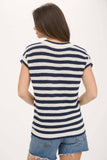 STRIPE V NECK CROCHET KNIT SHORT SLEEVE SWEATER