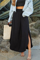CWBLS041_SMOCKING WAIST MAXI SKIRT WITH SIDE POCKET