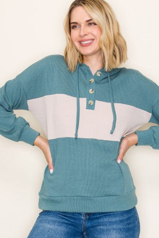 Monaco rib knit hoodie, half button