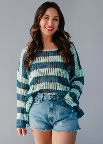 Blue & Mint Striped Lightweight Sweater