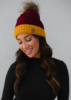 Maroon Cable Knit Hat with Gold Cuff