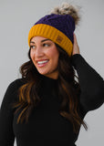 Purple Cable Knit Hat with Gold Cuff