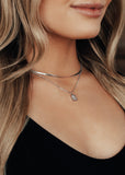Silver Double Layered Necklace with Rectangle Crystal Charm
