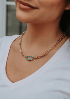 Gold Chain Necklace with Gold and Teal Blue Carabiner Lock Pendant