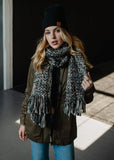 Grey/brown loom woven long scarf with fringe