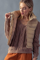 STRIPE QUILTED STAND COLLAR PADDED VEST JACKET