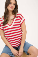 STRIPE V NECK CROCHET KNIT SHORT SLEEVE SWEATER