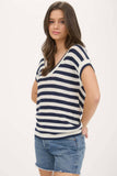 STRIPE V NECK CROCHET KNIT SHORT SLEEVE SWEATER