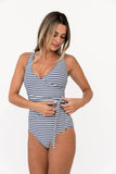 Seaside Navy Wave Wrap Front One Piece