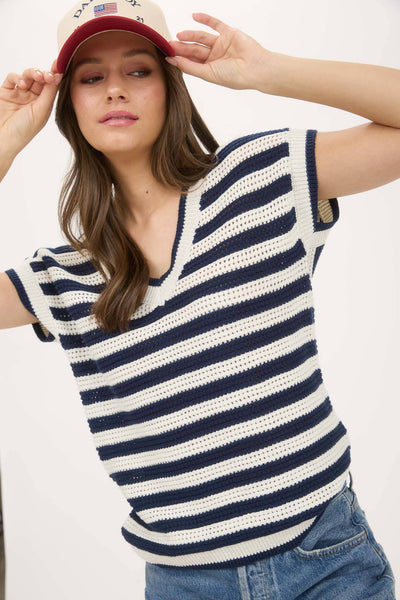 STRIPE V NECK CROCHET KNIT SHORT SLEEVE SWEATER