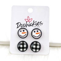 12mm Snowman & White Buffalo Plaid in Black Settings - Christmas Studs