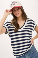 STRIPE V NECK CROCHET KNIT SHORT SLEEVE SWEATER