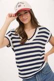 STRIPE V NECK CROCHET KNIT SHORT SLEEVE SWEATER