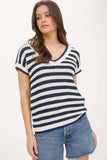STRIPE V NECK CROCHET KNIT SHORT SLEEVE SWEATER