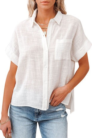 Cotton Linen Short Sleeve Button Front Shirt