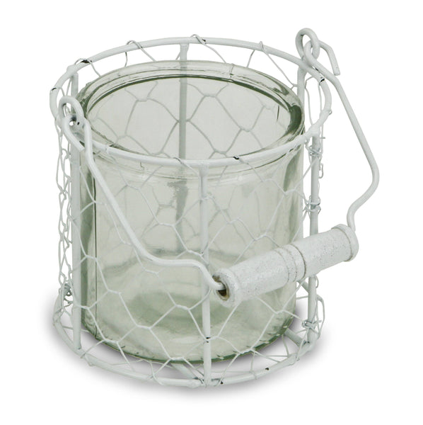 Round Glass Jar in Wire Basket - White small