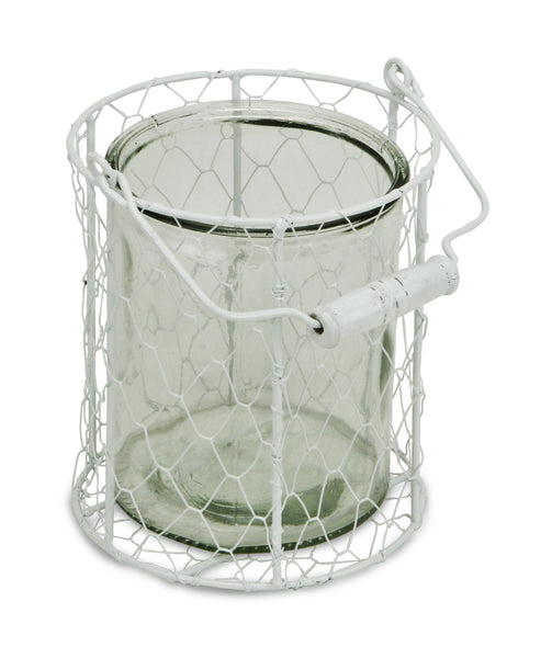 Round Glass Jar in Wire Basket - White large