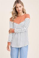 Round Neck, Long Sleeve, Color Blocked, Stripe Terry