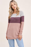 Boat Neck, Color Block, Long Sleeve, Brushed Hacci Pull Over Knit Top