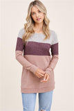 Boat Neck, Color Block, Long Sleeve, Brushed Hacci Pull Over Knit Top