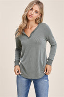 Pullover Top, Split Neck, Long Sleeve, 2Tone Ribbed